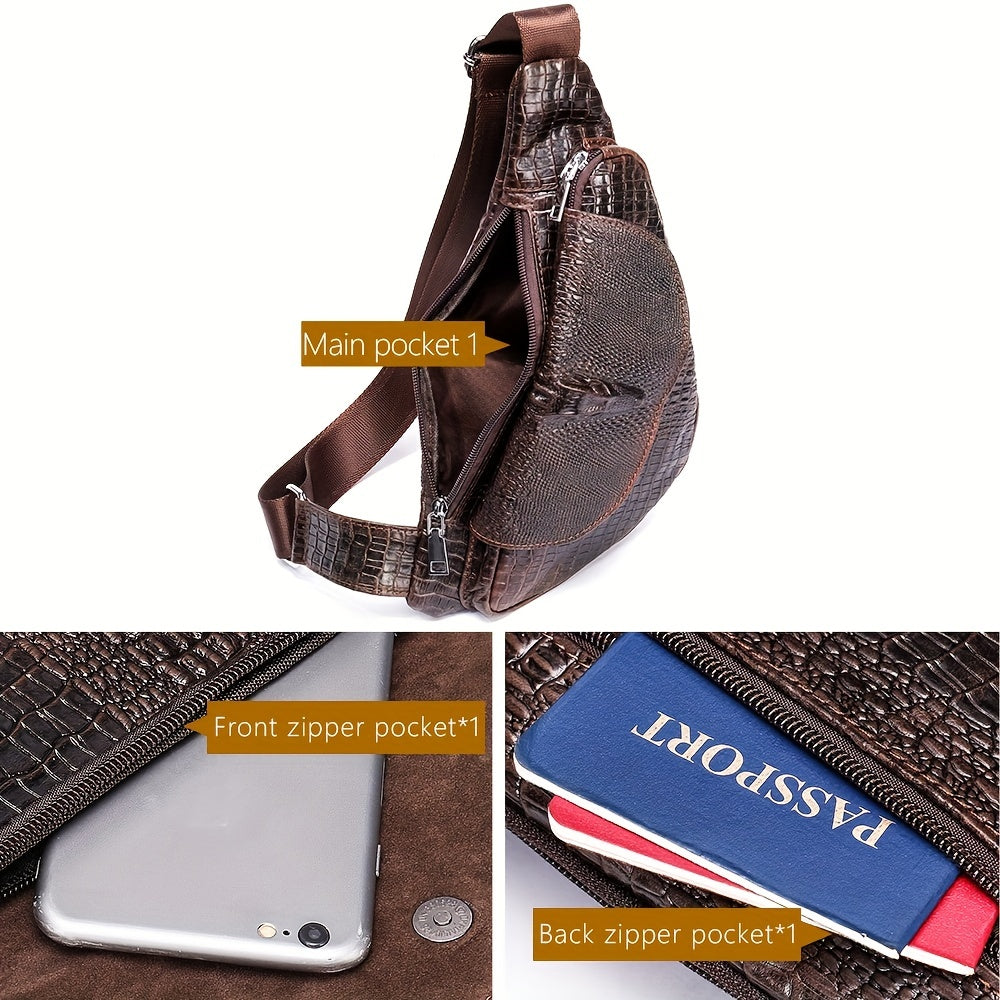 Genuine Leather Chest Bag - Crocodile Pattern Crossbody Shoulder Bag
