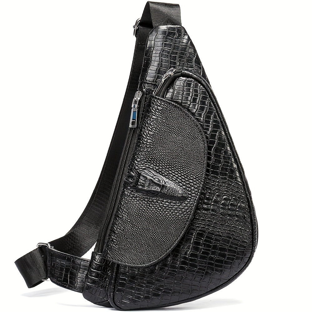 Genuine Leather Chest Bag - Crocodile Pattern Crossbody Shoulder Bag