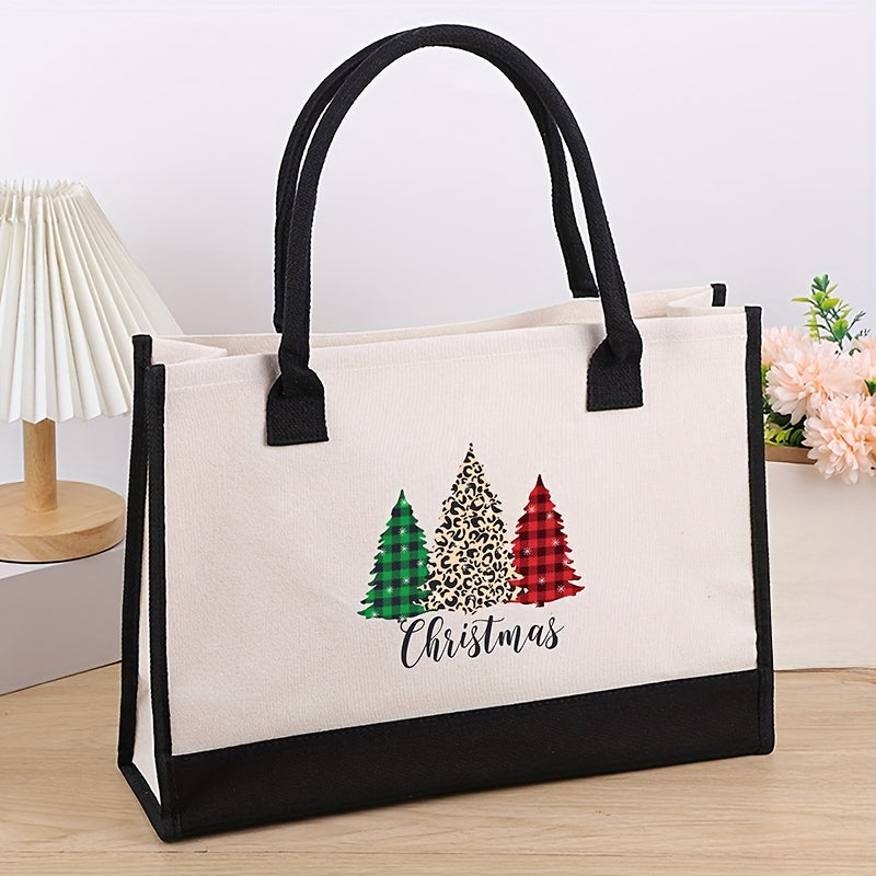 Christmas Tree Canvas Tote Bag - Large Capacity Handbag for Travel